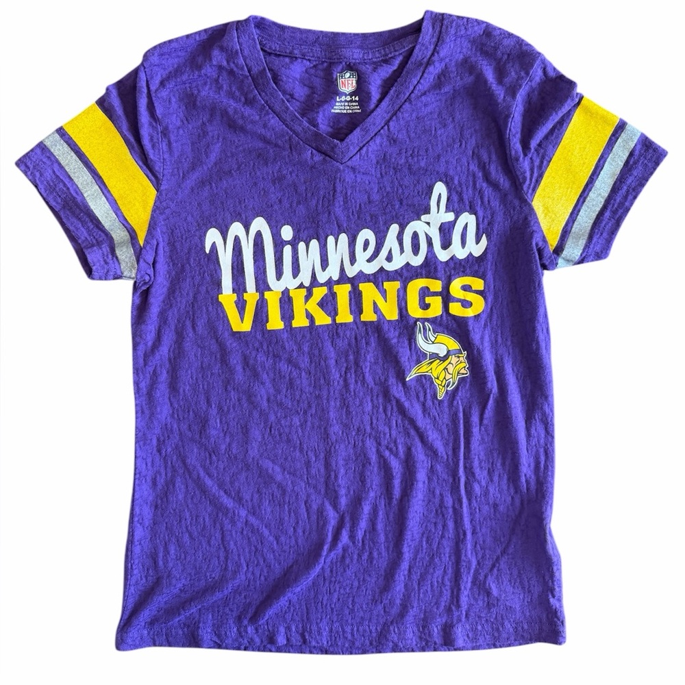NFL Minnesota Vikings V-Neck Short Sleeve Tee Girls Large (14) Purple and Yellow